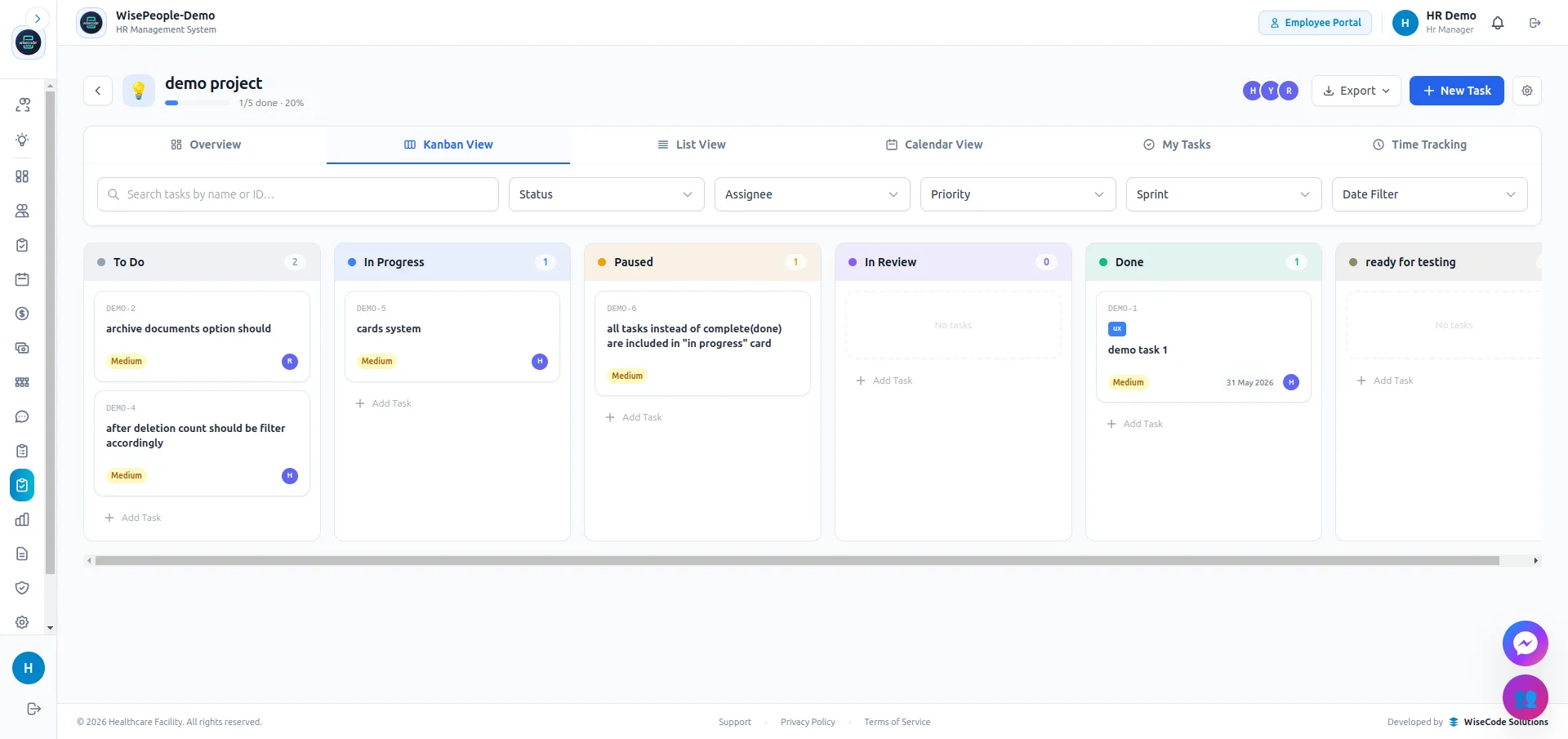 WiseTask Kanban board — live task management